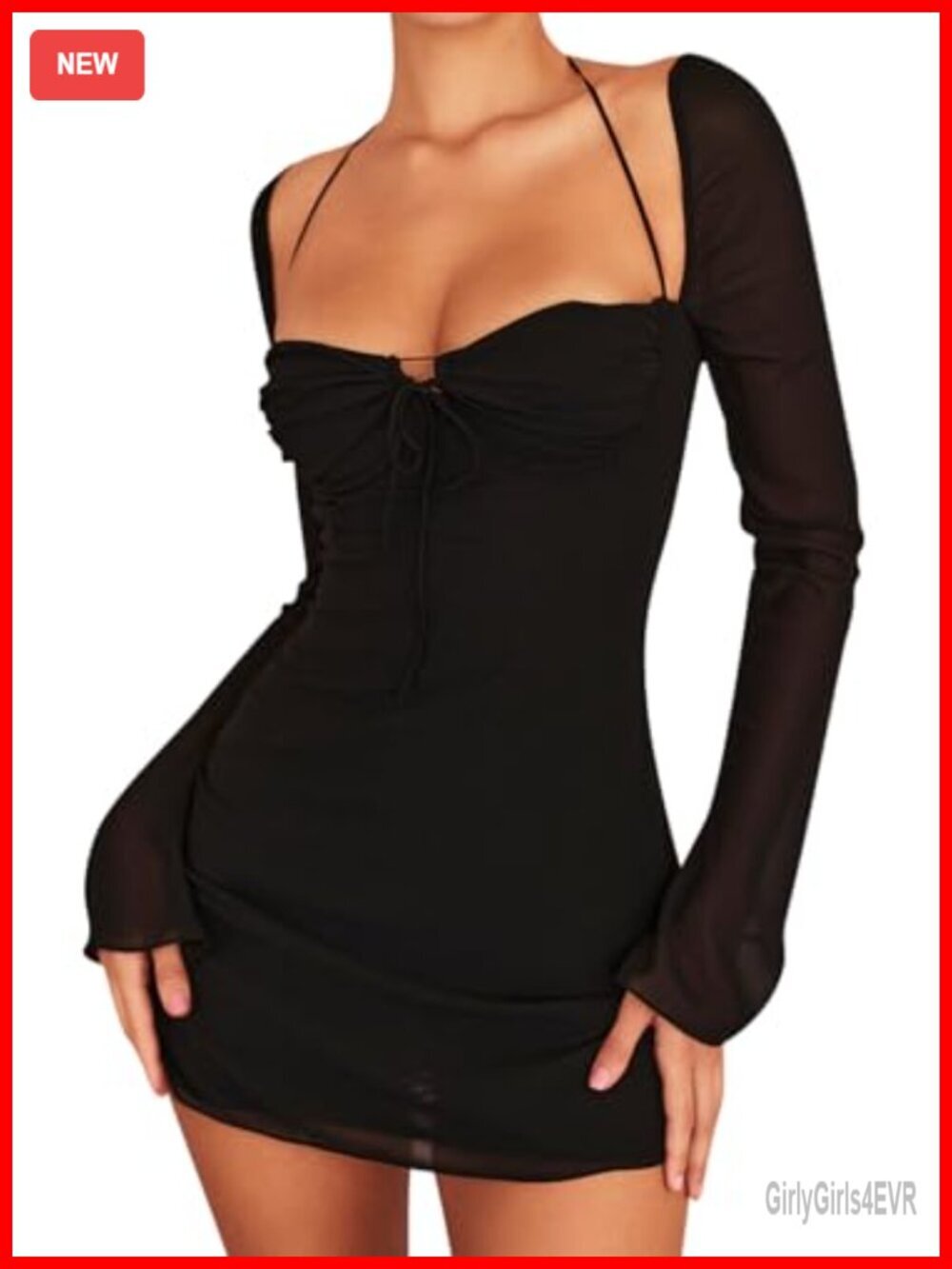 Mesh Bodycon Mini Dress Halter Neck Long Puff Sleeve Party
